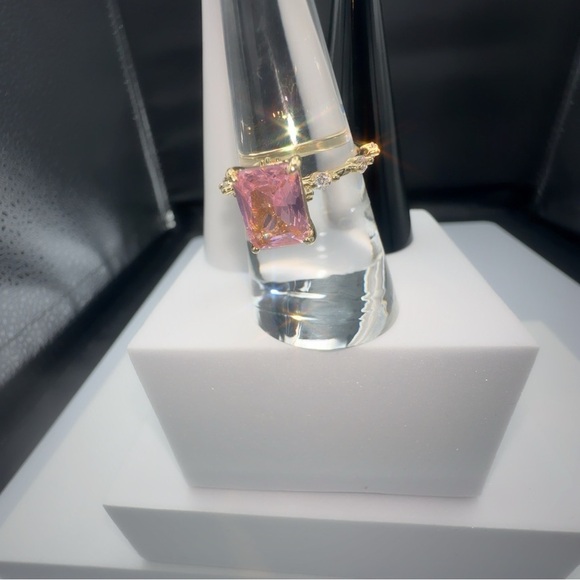 Princess Cut Pink CZ Gold Plated Ring Size 8 - Picture 4 of 17